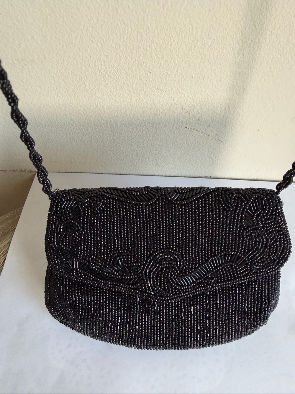 Black Beaded Evening Clutch with Braided Strap - Picture 2 of 10